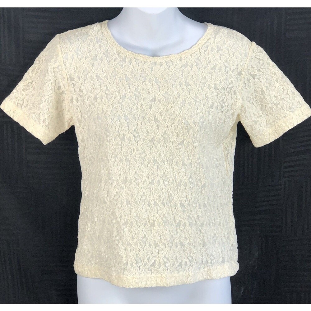 Vintage Lace Baby Tee Top S Ivory Floral Stretch ShortSleeve Fairy 90s Y2K USA